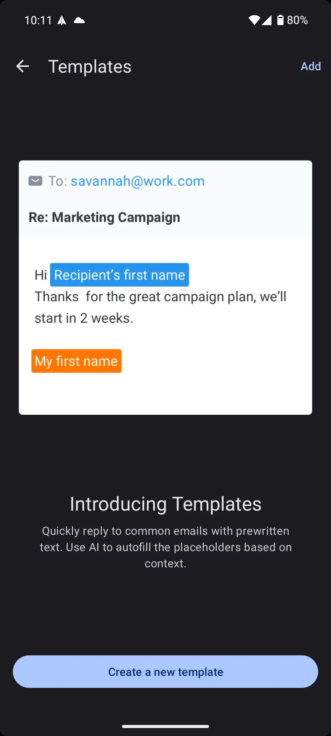Tạo mẫu email mới trong ứng dụng Spark Mail Android để phản hồi nhanh chóng