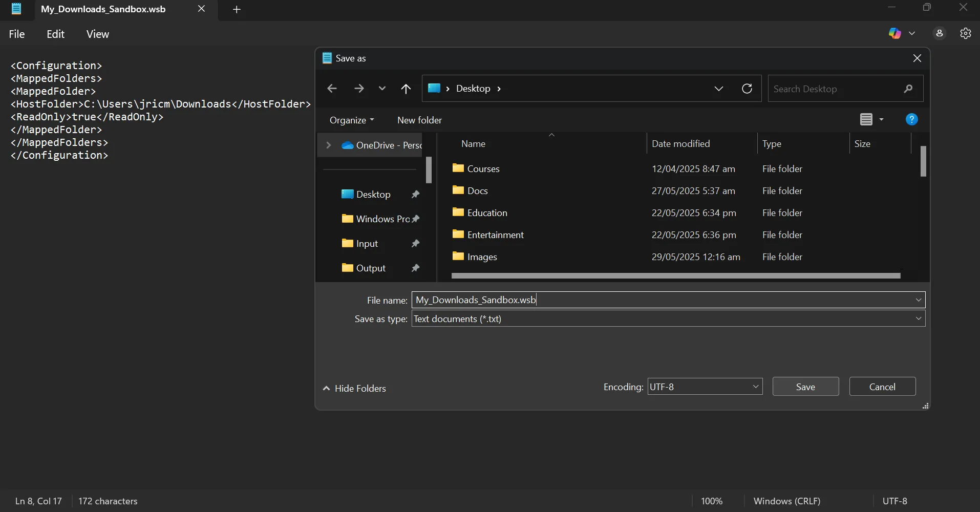 Tạo và lưu file cấu hình .wsb cho Windows Sandbox để tùy chỉnh nâng cao.
