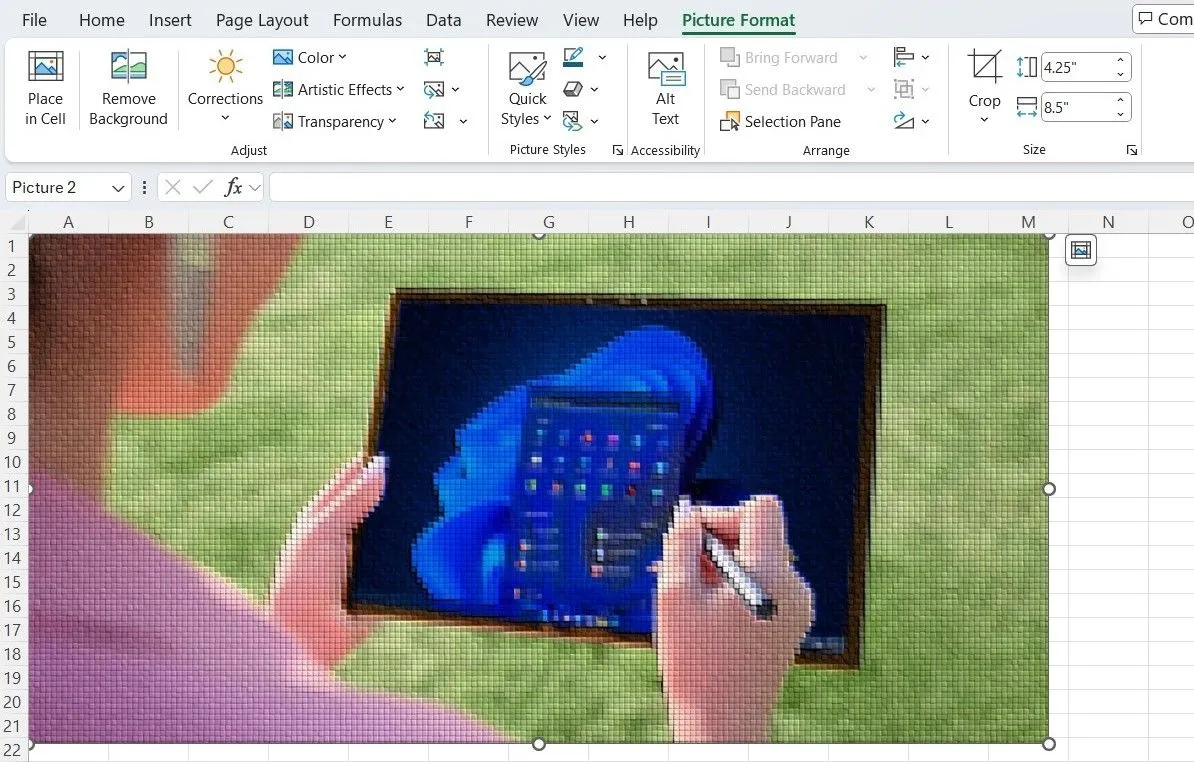 Thanh công cụ Định dạng Ảnh (Picture Format) trong Excel hiển thị các tùy chọn nâng cao để chỉnh sửa và áp dụng hiệu ứng cho hình ảnh.