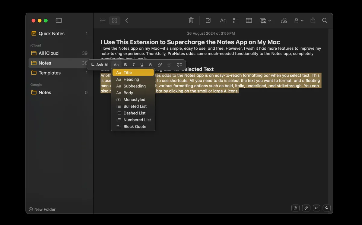 Thanh công cụ định dạng của tiện ích ProNotes trên ứng dụng Apple Notes
