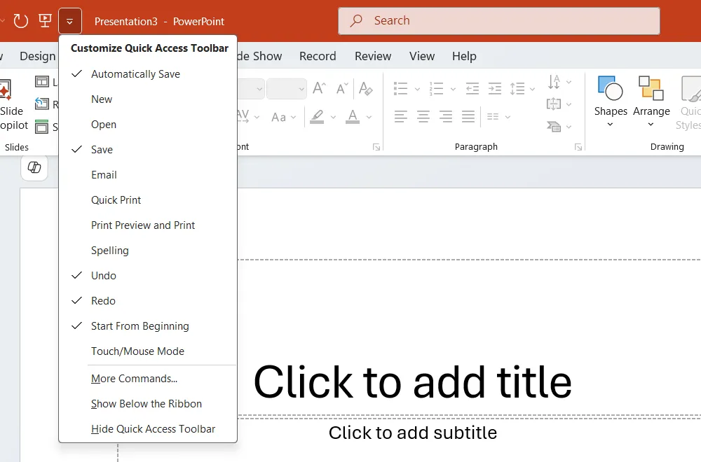 Thanh công cụ truy cập nhanh (Quick Access Toolbar) trong PowerPoint giúp thao tác nhanh