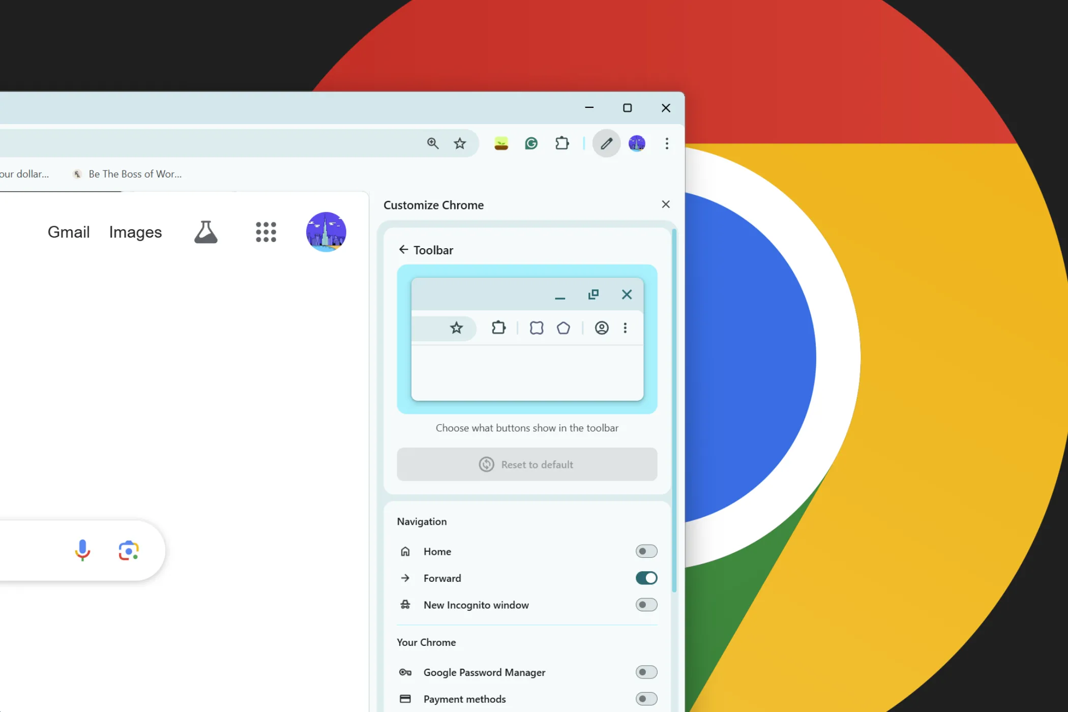 Thanh công cụ tùy chỉnh giao diện Chrome với logo Google Chrome