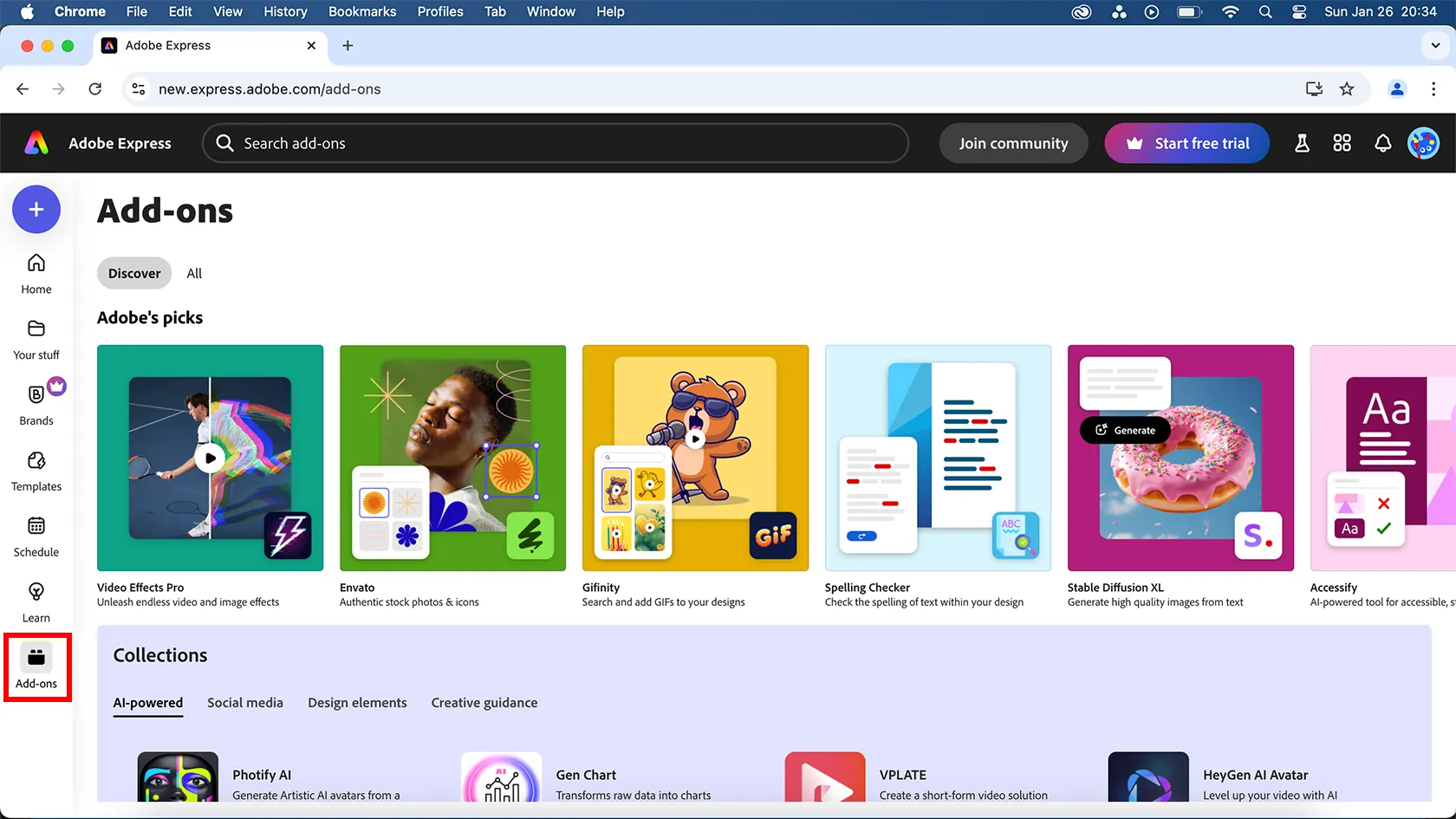 Thanh menu bên trái của Adobe Express trên trình duyệt hiển thị mục &quot;Add-ons&quot;