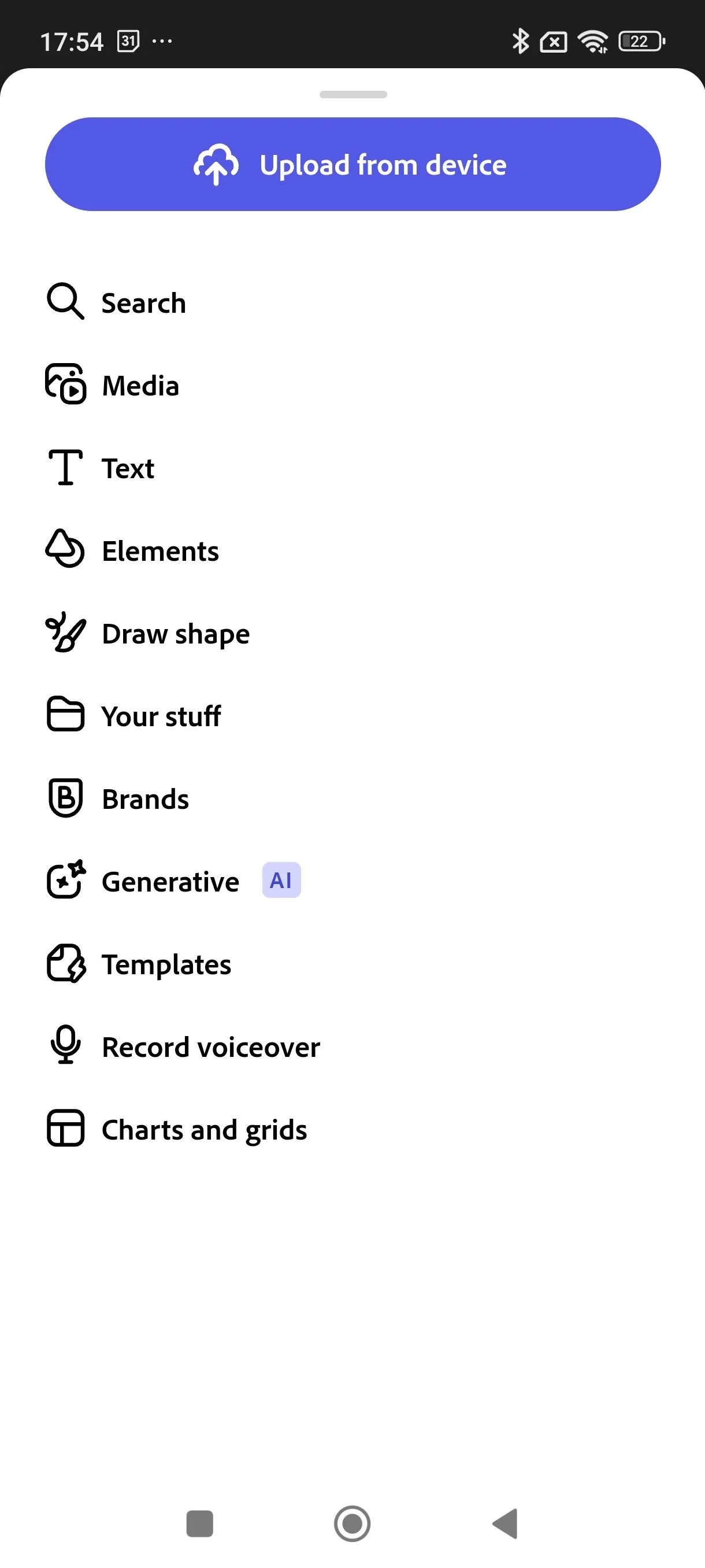 Thanh menu chính của ứng dụng Adobe Express trên di động cho thấy sự vắng mặt của tính năng Add-ons