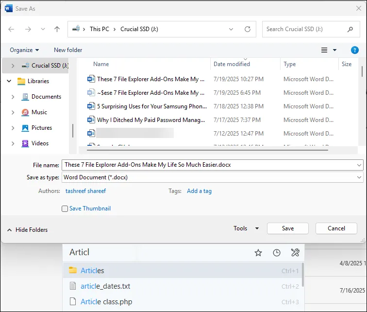 Thanh tìm kiếm nhanh Listary tích hợp trong hộp thoại Save As của Microsoft Word