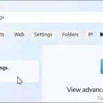 Thanh tìm kiếm Windows 11 với từ khóa 'view advanced system settings'