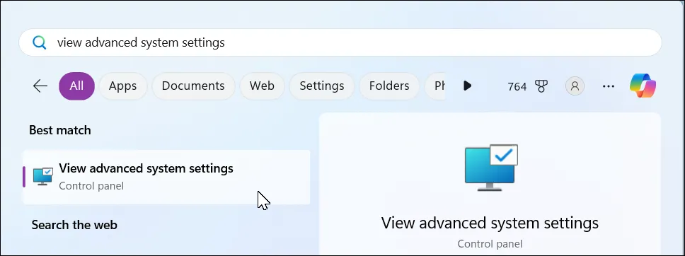 Thanh tìm kiếm Windows 11 với từ khóa 'view advanced system settings'