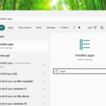 Thanh tìm kiếm Windows hiển thị kết quả "Installed apps" với tùy chọn "Open"