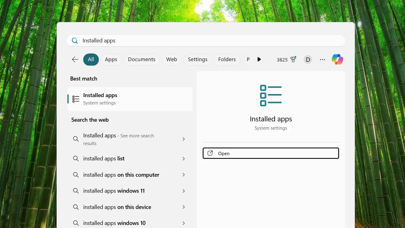 Thanh tìm kiếm Windows hiển thị kết quả "Installed apps" với tùy chọn "Open"