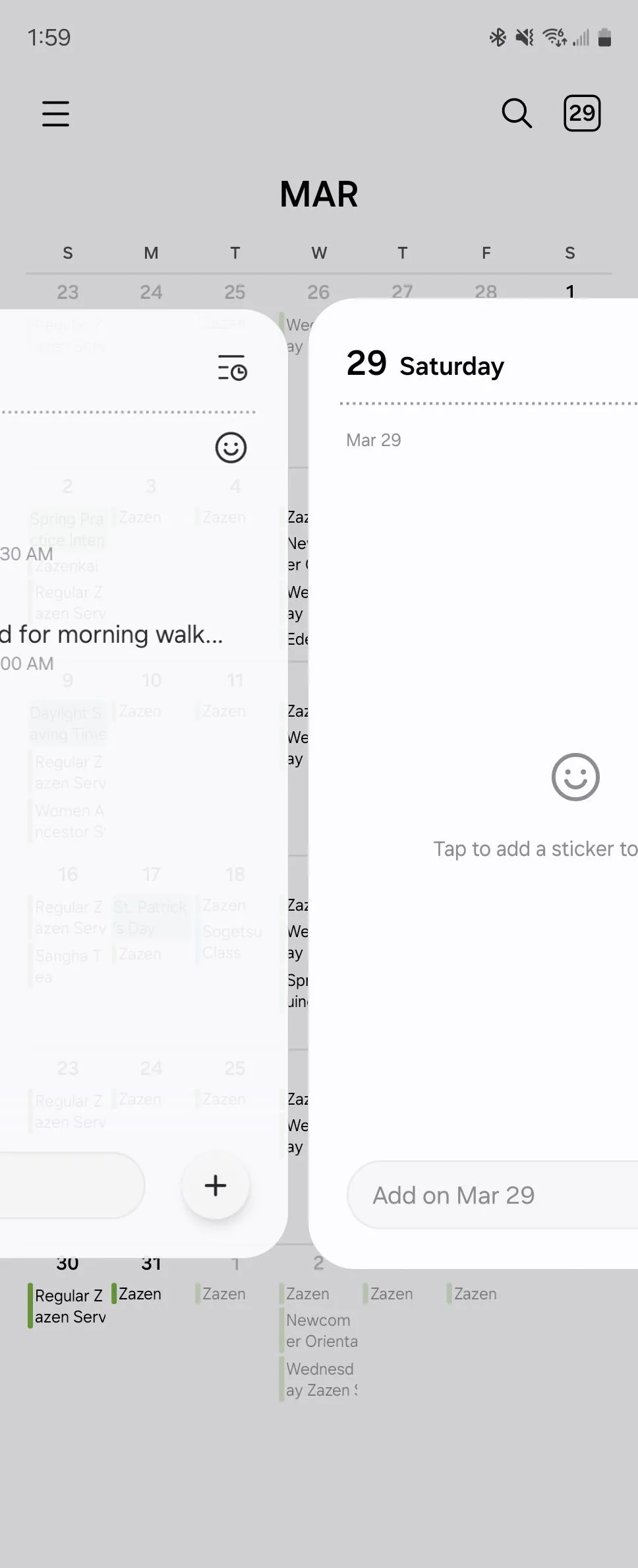 Thao tác vuốt giữa hai sự kiện hoặc ngày trong Samsung Calendar, nhấn mạnh tính linh hoạt và dễ sử dụng của ứng dụng lịch.