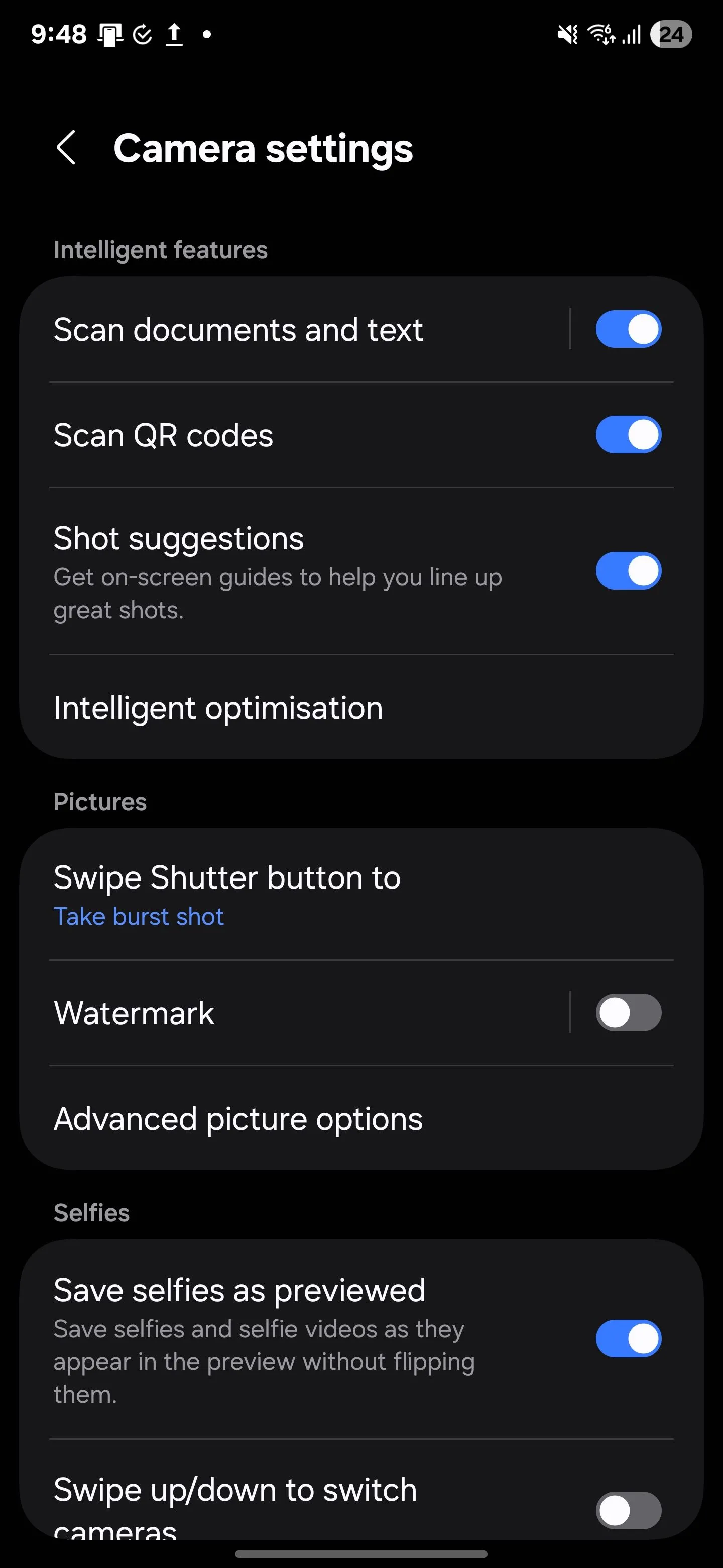 Thay đổi tùy chọn vuốt nút chụp để tạo GIF trong cài đặt camera Samsung
