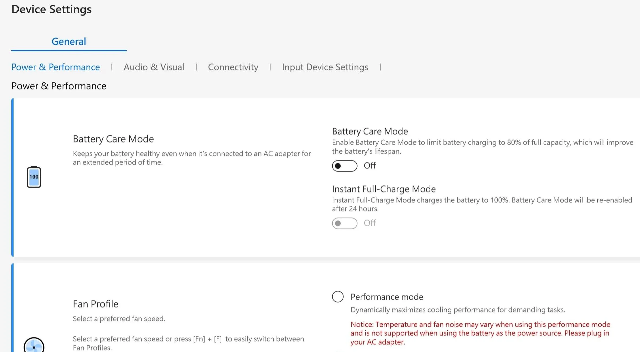 Thẻ Cài đặt thiết bị (Device Settings) trong ứng dụng MyAsus với tùy chọn Chế độ Chăm sóc pin (Battery Care Mode) để giới hạn sạc pin laptop Asus.