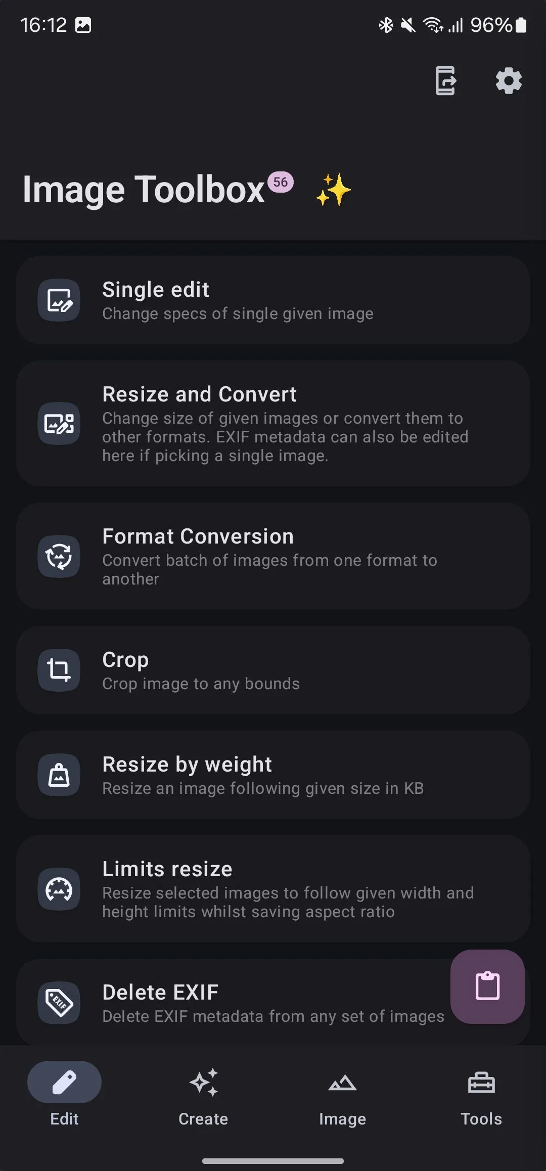 Thẻ chỉnh sửa trong ứng dụng Image Toolbox, hiển thị nhiều công cụ chỉnh sửa ảnh.