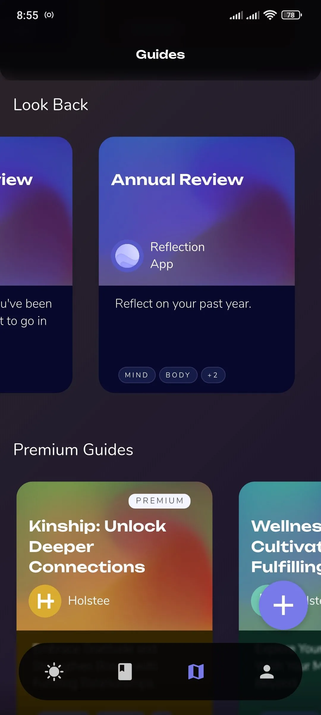 Thẻ đánh giá hàng năm (Annual Review) trong phần các hướng dẫn của ứng dụng Reflection.app.