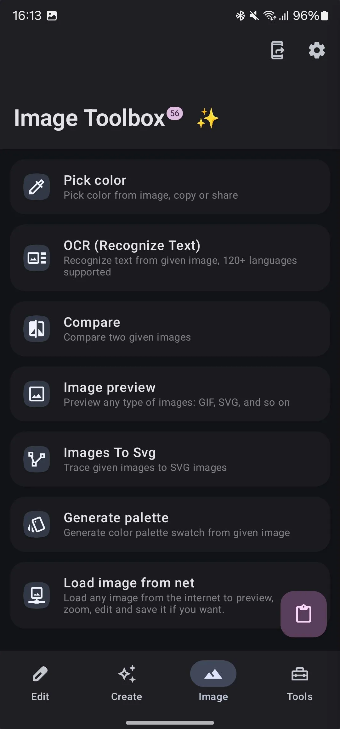 Thẻ hình ảnh trong ứng dụng Image Toolbox, hiển thị các tùy chọn quản lý và thao tác hình ảnh.
