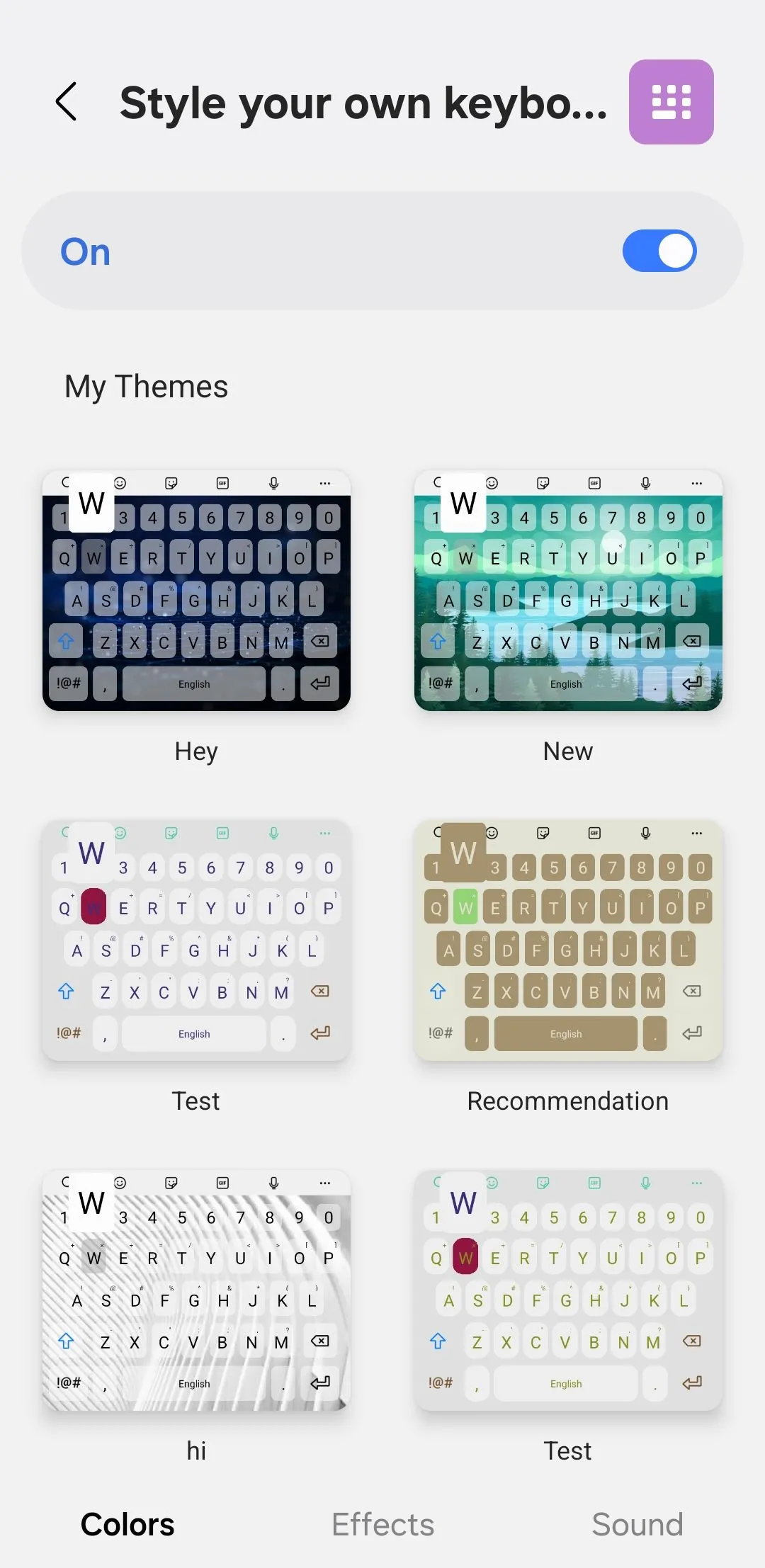 Thẻ Màu sắc trong ứng dụng KeysCafe