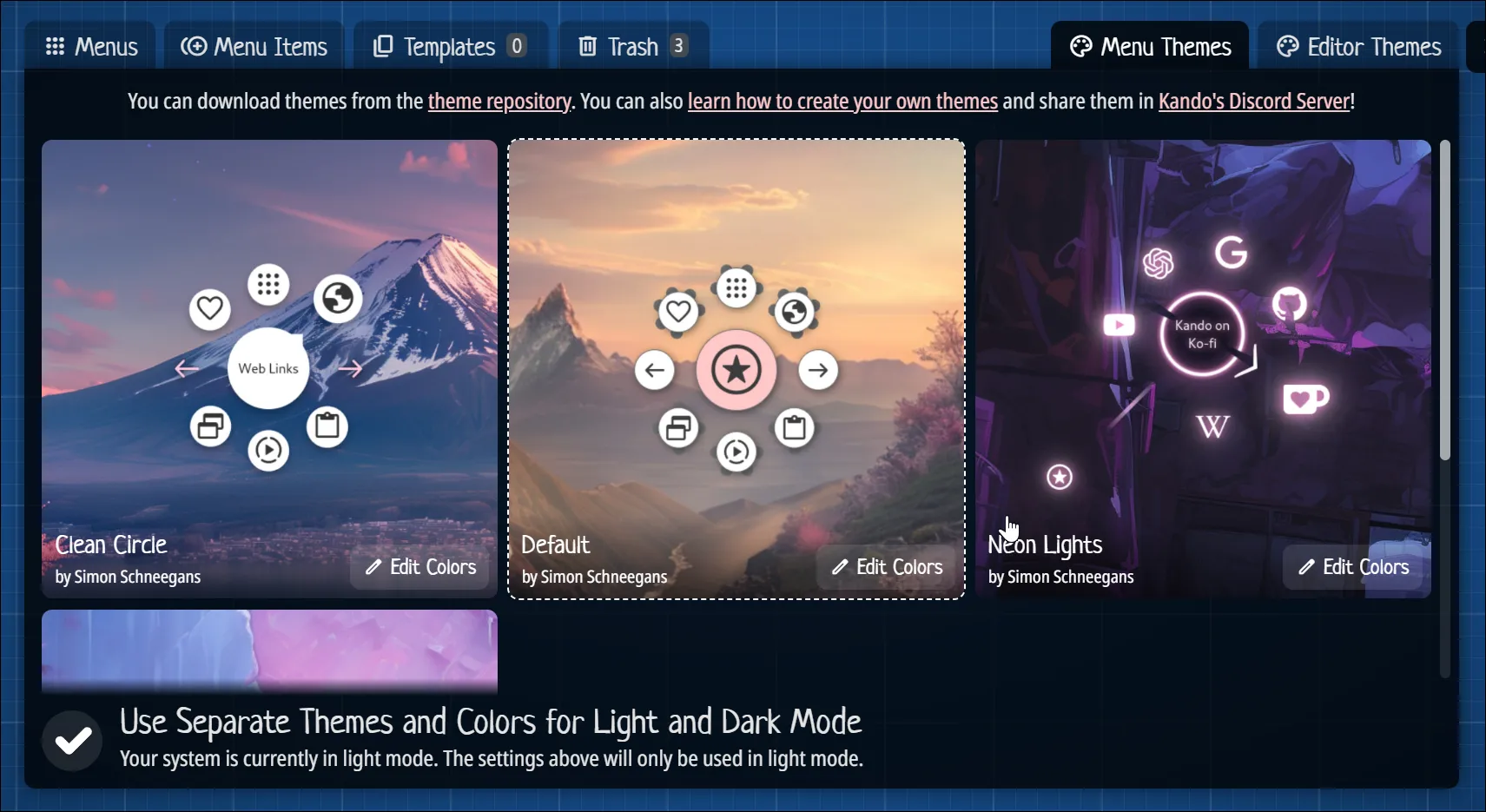 Thẻ Menu Theme mở trong trình chỉnh sửa Kando trên Windows 11