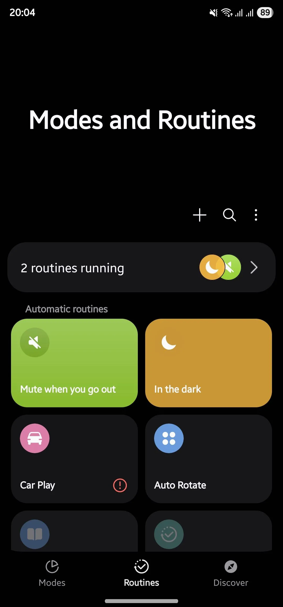 Thẻ Routines trong ứng dụng Modes and Routines trên điện thoại Samsung.