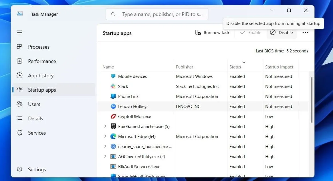 Thẻ Startup apps (Ứng dụng khởi động) trong Task Manager của Windows 11 hiển thị danh sách các chương trình