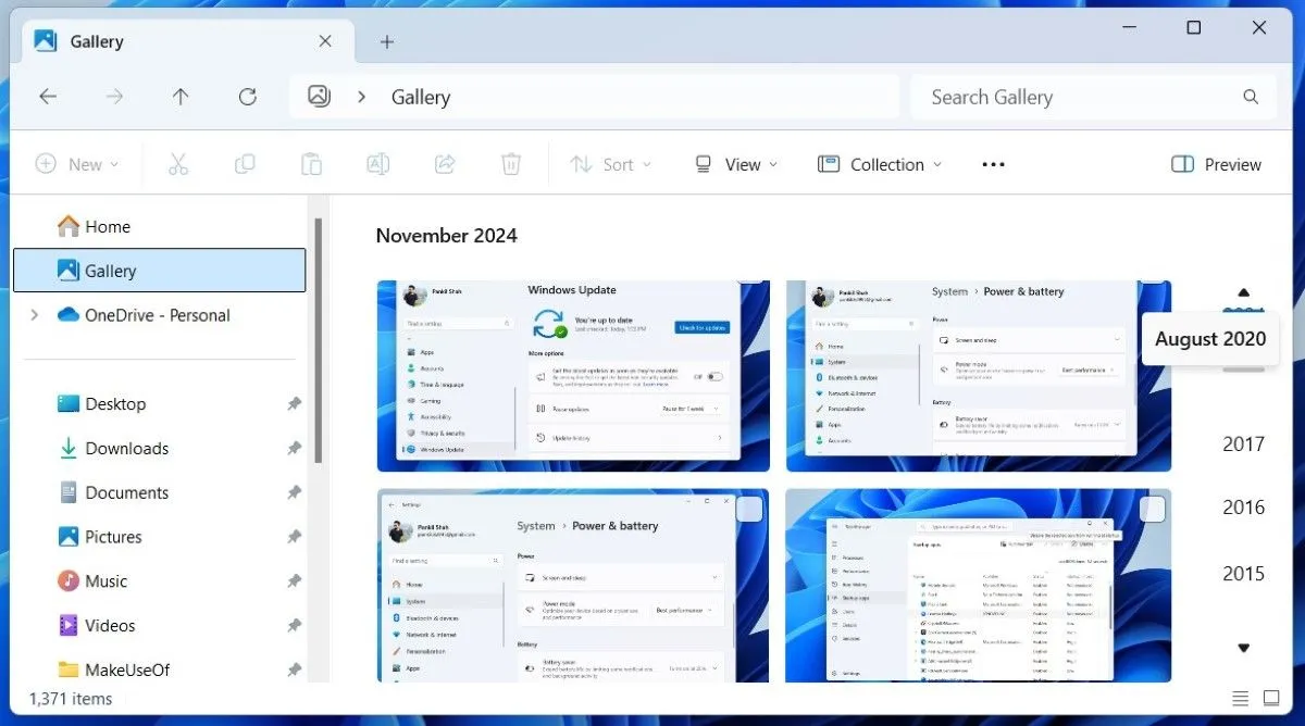Thẻ Thư viện (Gallery tab) trong File Explorer giúp quản lý và xem nhanh ảnh theo dòng thời gian