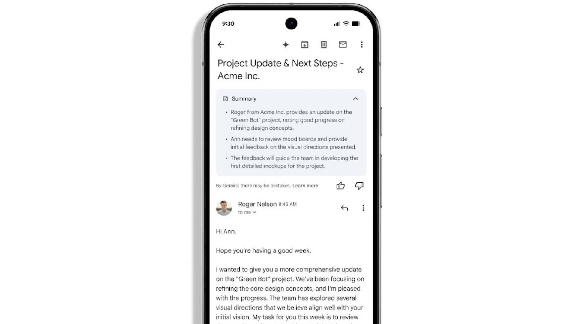 Thẻ tóm tắt email tự động Gemini trên ứng dụng Gmail di động