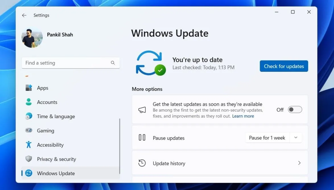 Thẻ Windows Update (Cập nhật Windows) trong ứng dụng Cài đặt của Windows