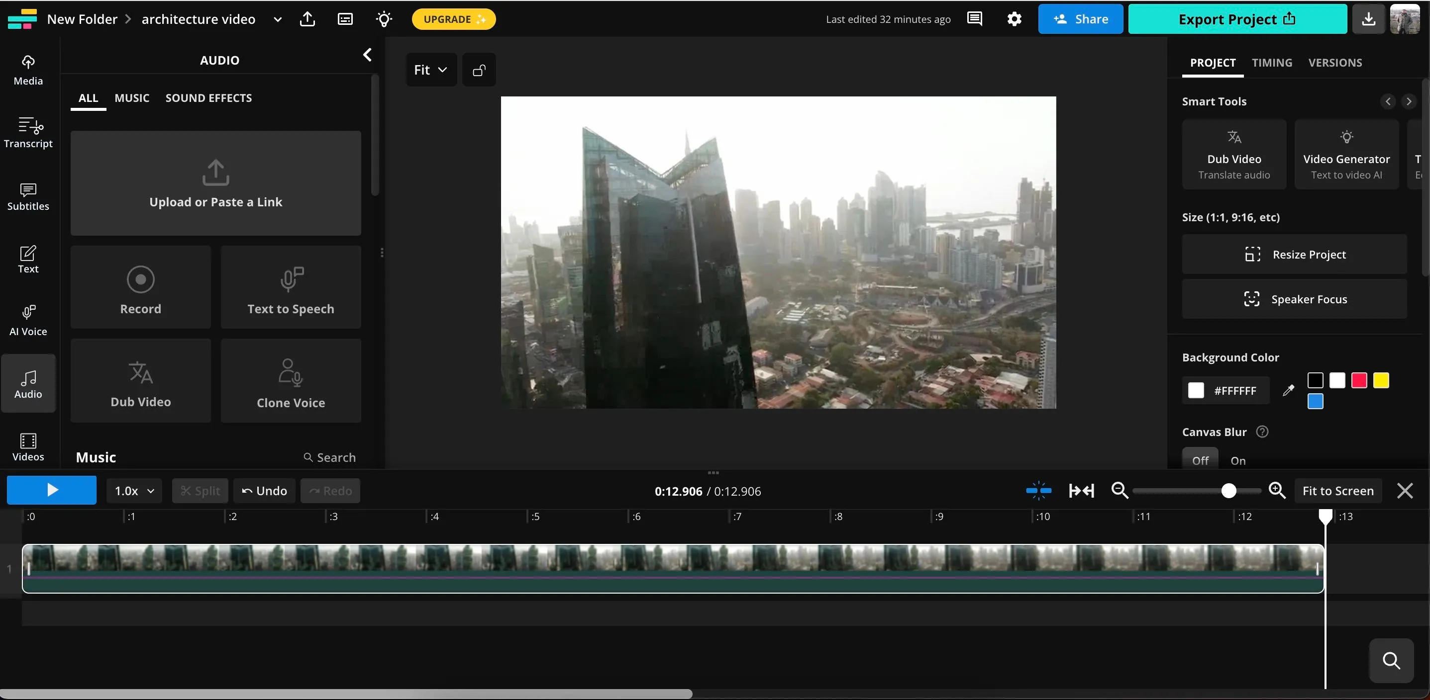 Thêm âm thanh hoặc tải nhạc lên video trong giao diện Kapwing trực tuyến.