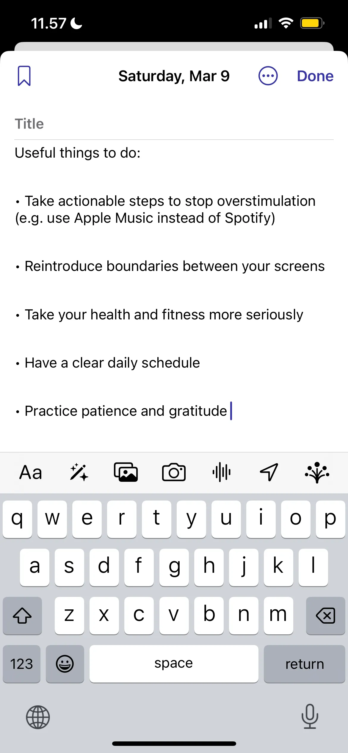 Thêm một mục nhập mới vào ứng dụng Apple Journal, tích hợp với dữ liệu cảm xúc và hoạt động