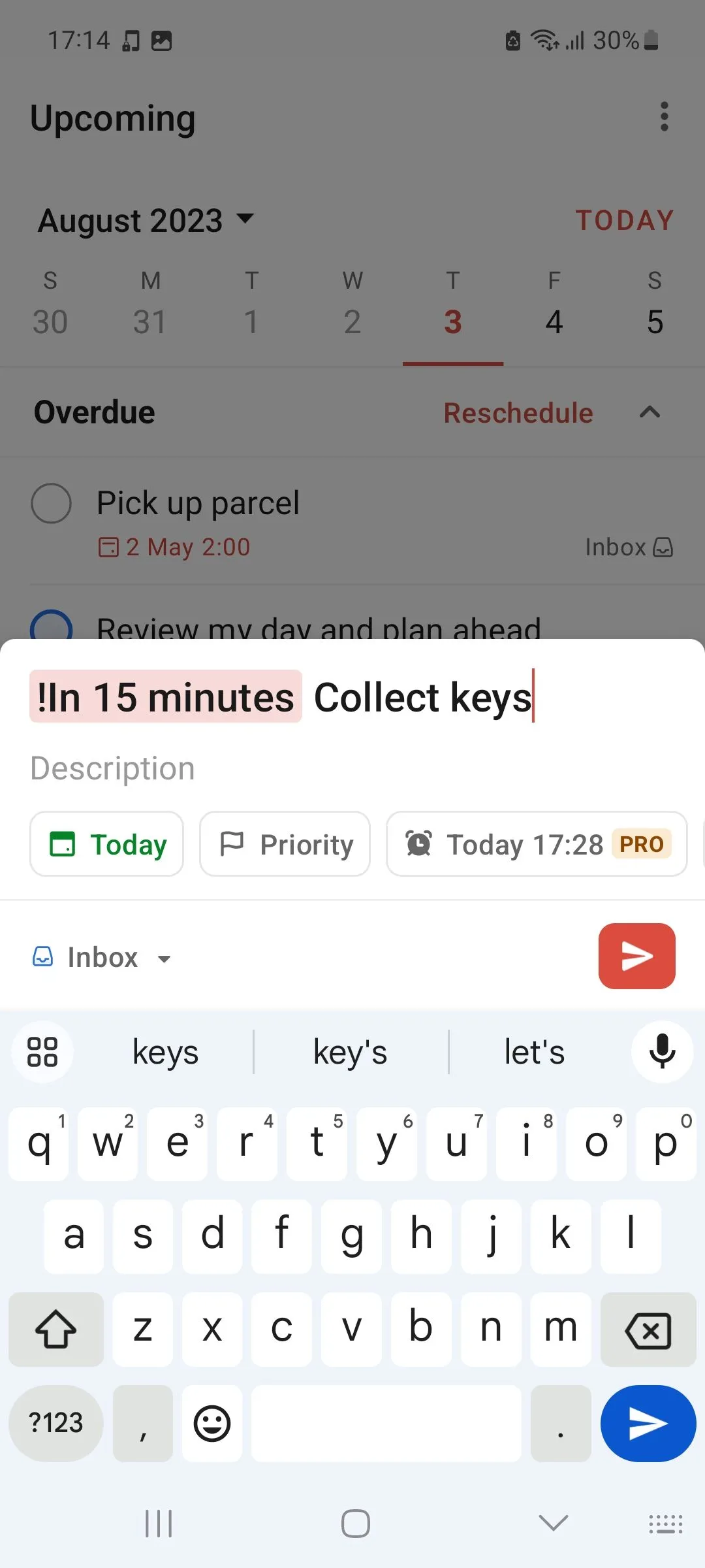 Thêm nhiệm vụ mới vào ứng dụng Todoist, thiết lập mức độ ưu tiên và thời hạn