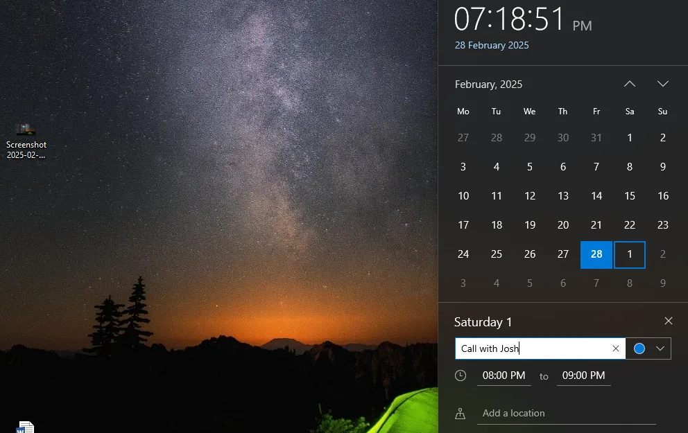 Thêm sự kiện trực tiếp từ lịch tích hợp trên thanh Taskbar của Windows 10