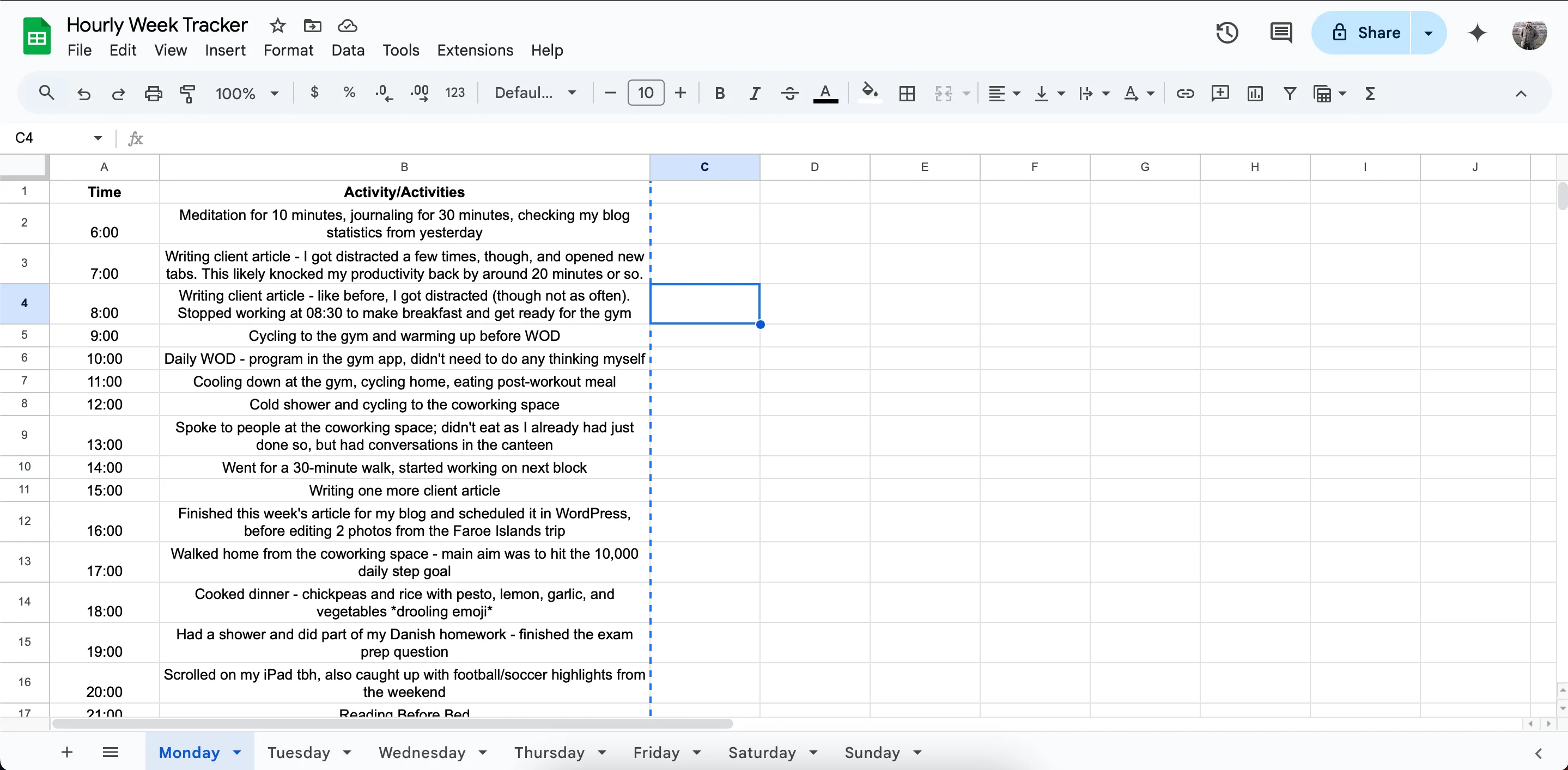 Theo dõi hoạt động buổi sáng của tôi trong Google Sheets, thể hiện cách ghi chép thời gian làm việc hiệu quả