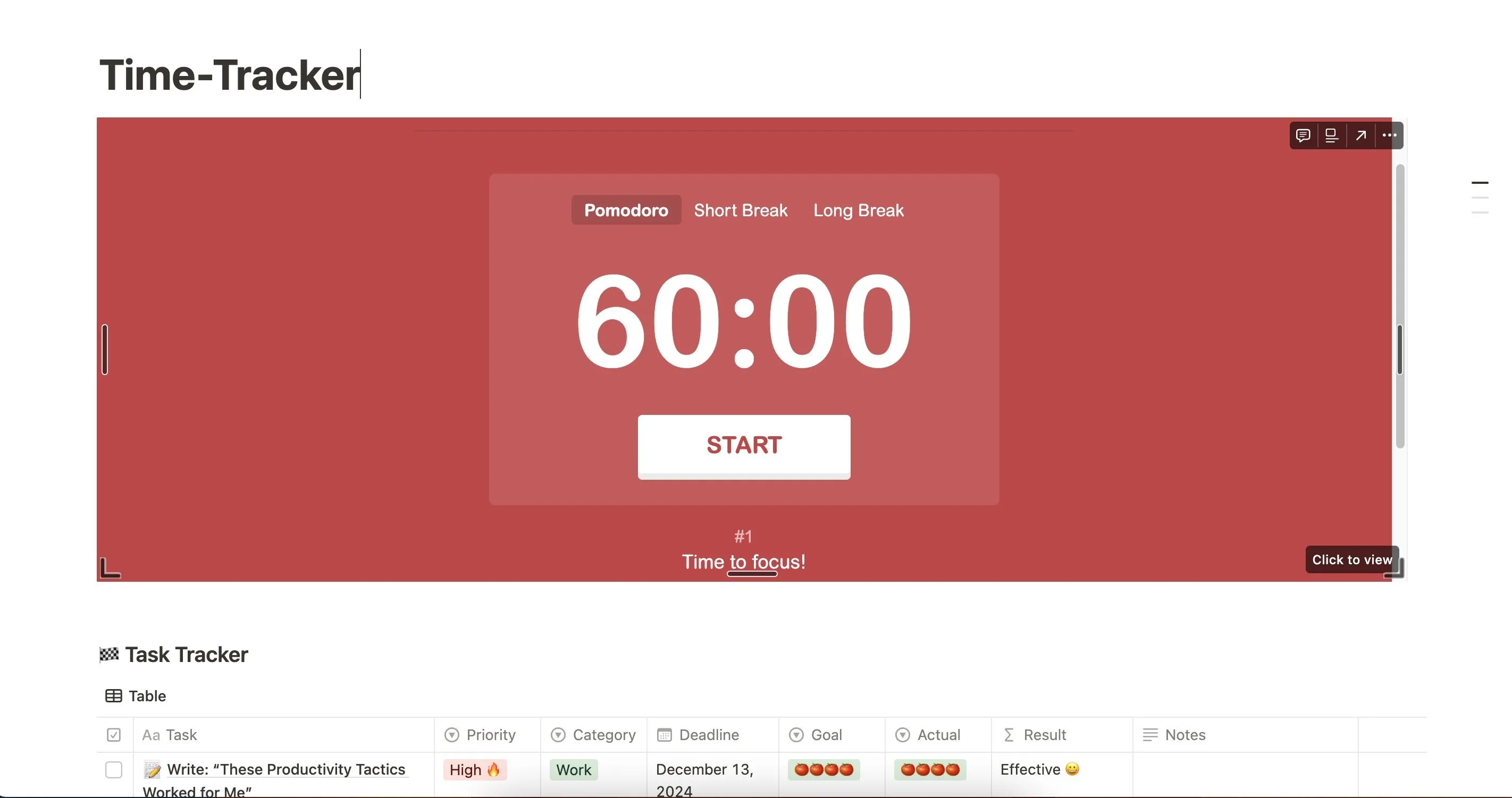 Theo dõi Pomodoro trên Notion với cài đặt 60 phút làm việc