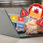 Thiết bị laptop bị nhiễm phần mềm độc hại (malware) với dấu hiệu cảnh báo virus trên màn hình, biểu thị nguy cơ backdoor và tái nhiễm