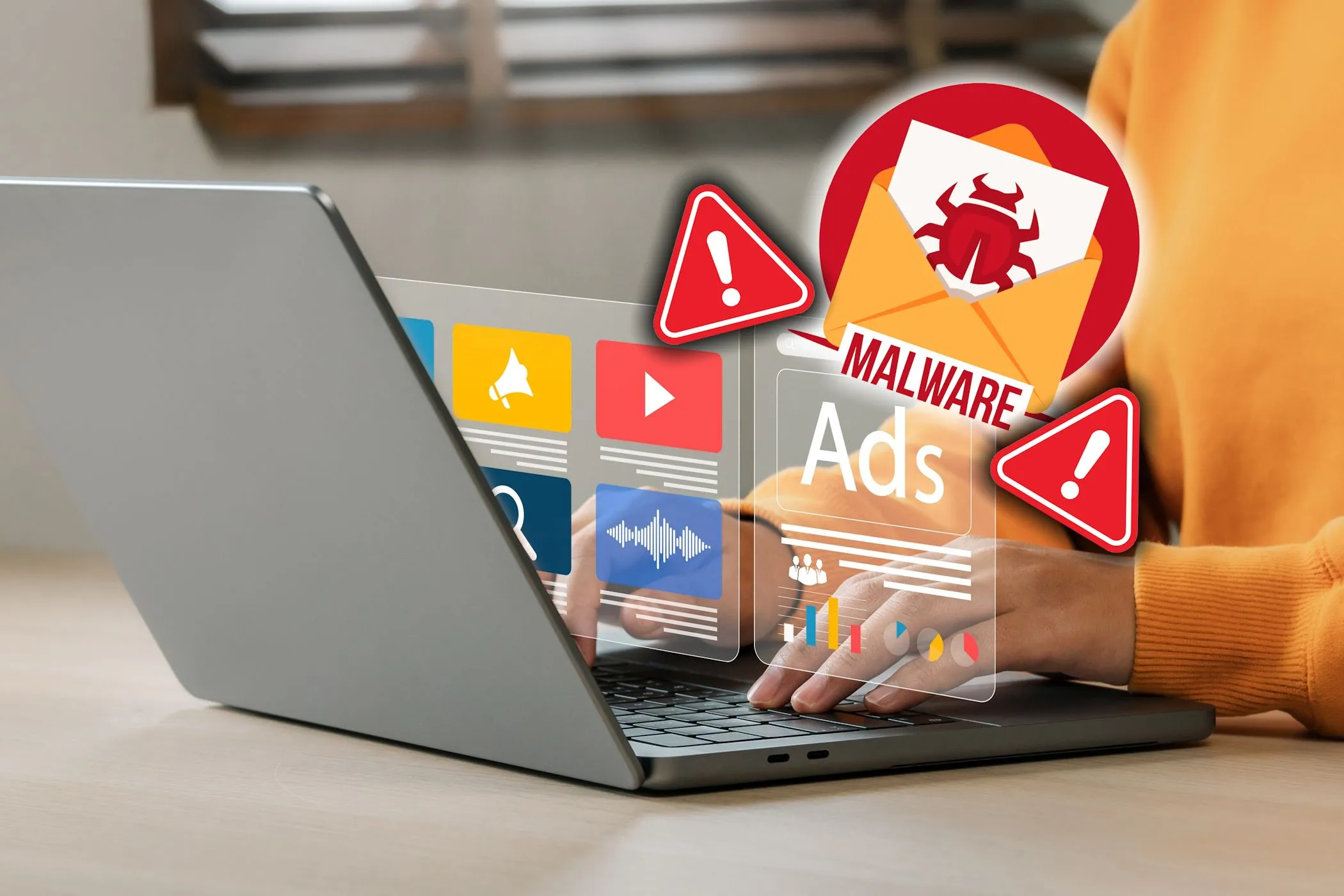 Thiết bị laptop bị nhiễm phần mềm độc hại (malware) với dấu hiệu cảnh báo virus trên màn hình, biểu thị nguy cơ backdoor và tái nhiễm