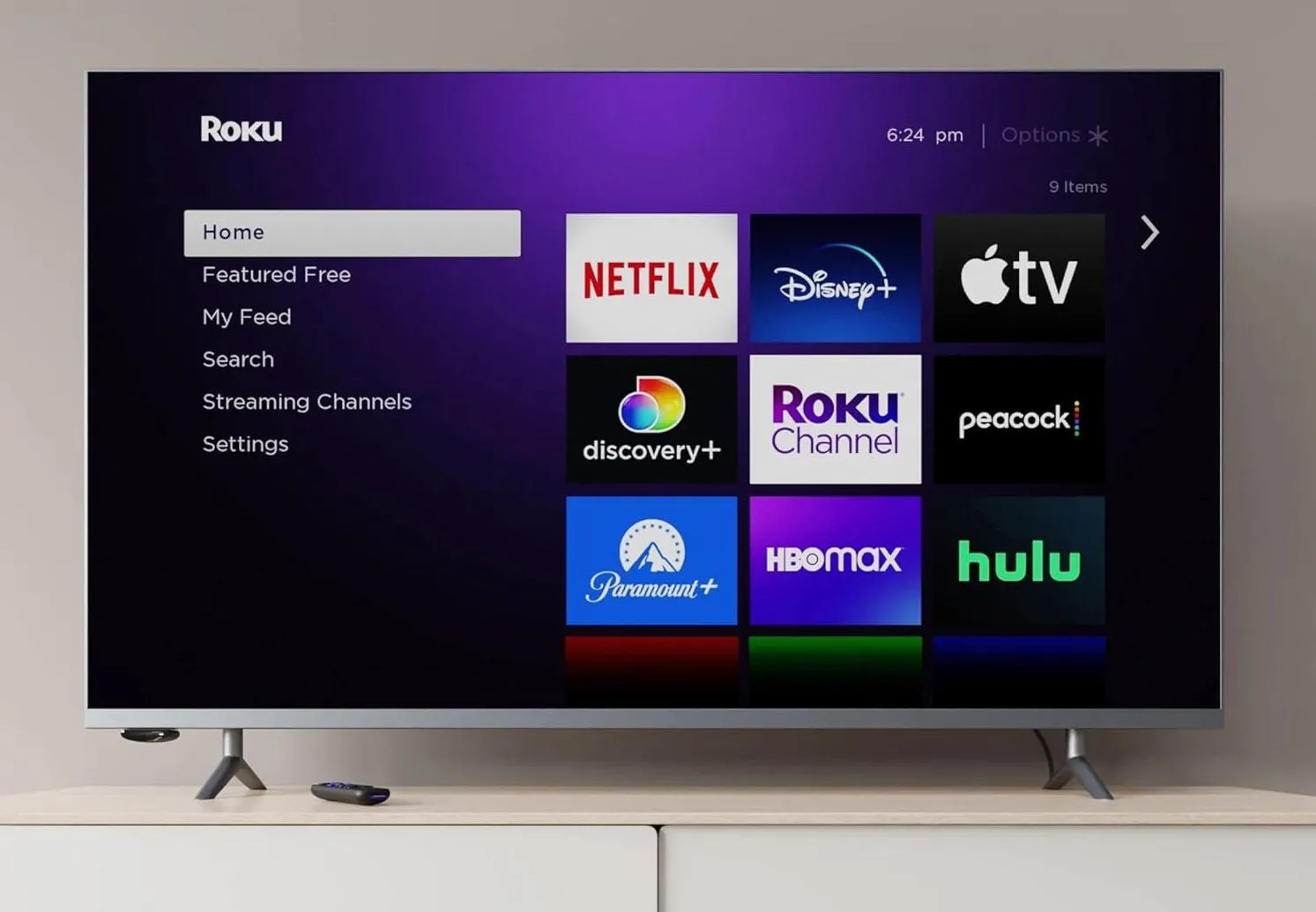 Thiết bị truyền phát Roku Express hình chữ nhật nhỏ gọn với logo Roku