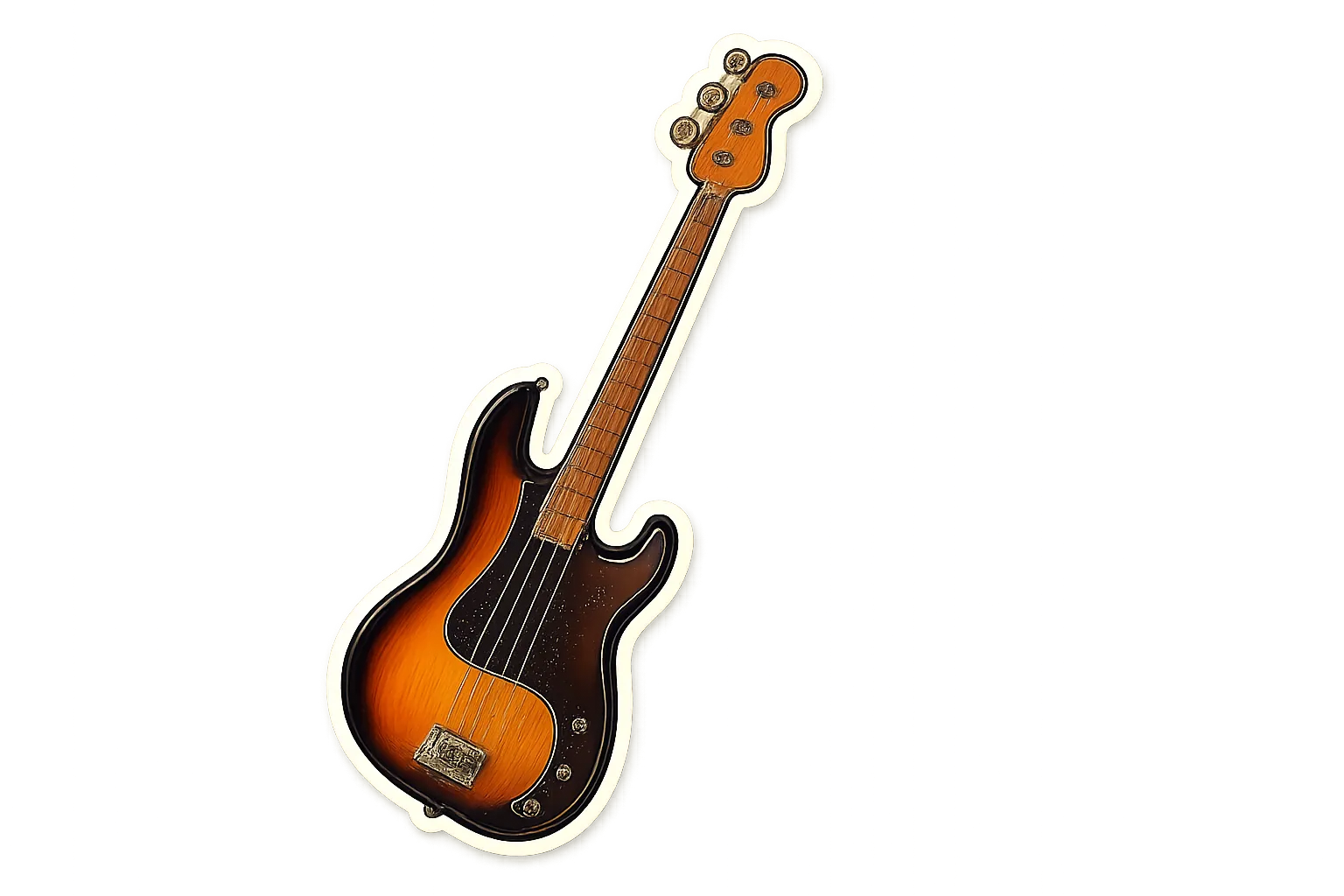 Thiết kế sticker cắt theo hình mô phỏng đàn guitar bass điện màu ánh mặt trời với đường viền đậm, ứng dụng AI art cho sản phẩm in ấn.