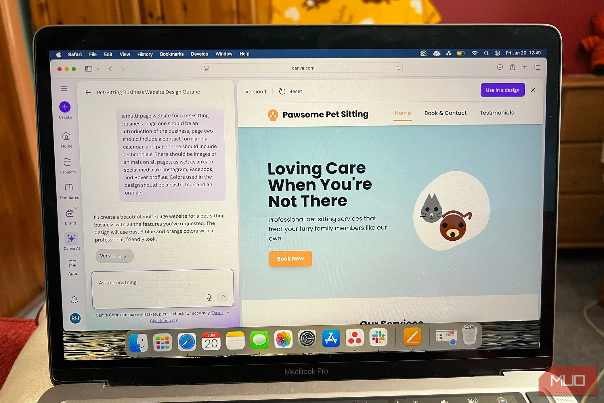Thiết kế website được tạo tự động bởi Canva Codes, minh họa kết quả từ lệnh AI.