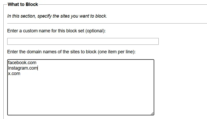 Thiết lập danh sách các trang web cần chặn trong phần &quot;What to Block&quot; của LeechBlock NG trên Chrome.
