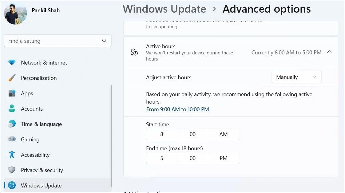 Thiết lập giờ hoạt động Windows thủ công trong Cài đặt