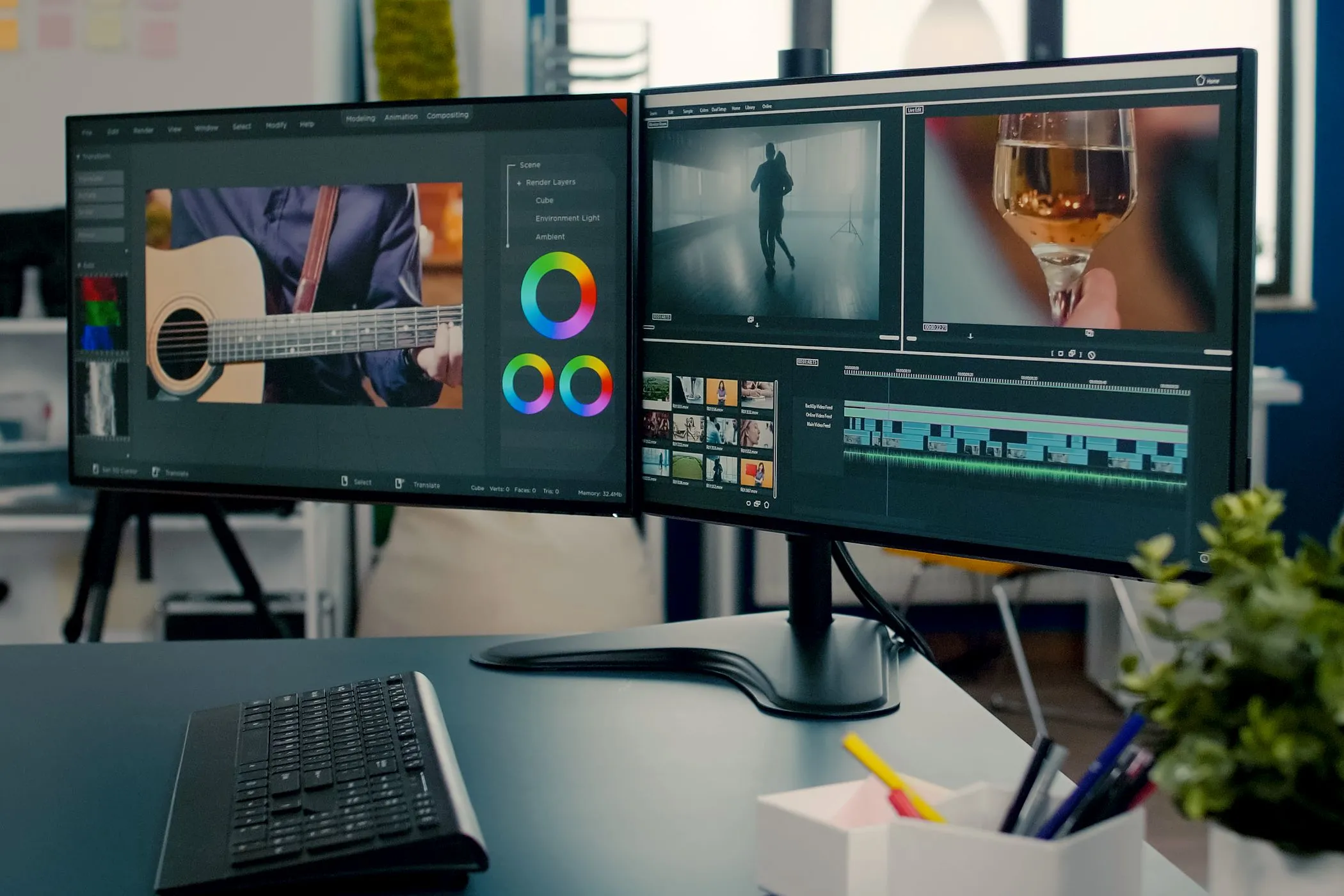 Thiết lập hai màn hình đang chạy phần mềm chỉnh sửa video, minh họa khả năng kết nối thêm màn hình qua USB-C.