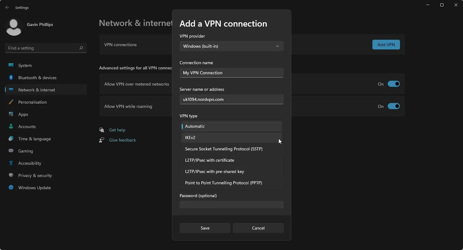Thiết lập kết nối VPN thủ công trên Windows 11, hiển thị tùy chọn thêm VPN.