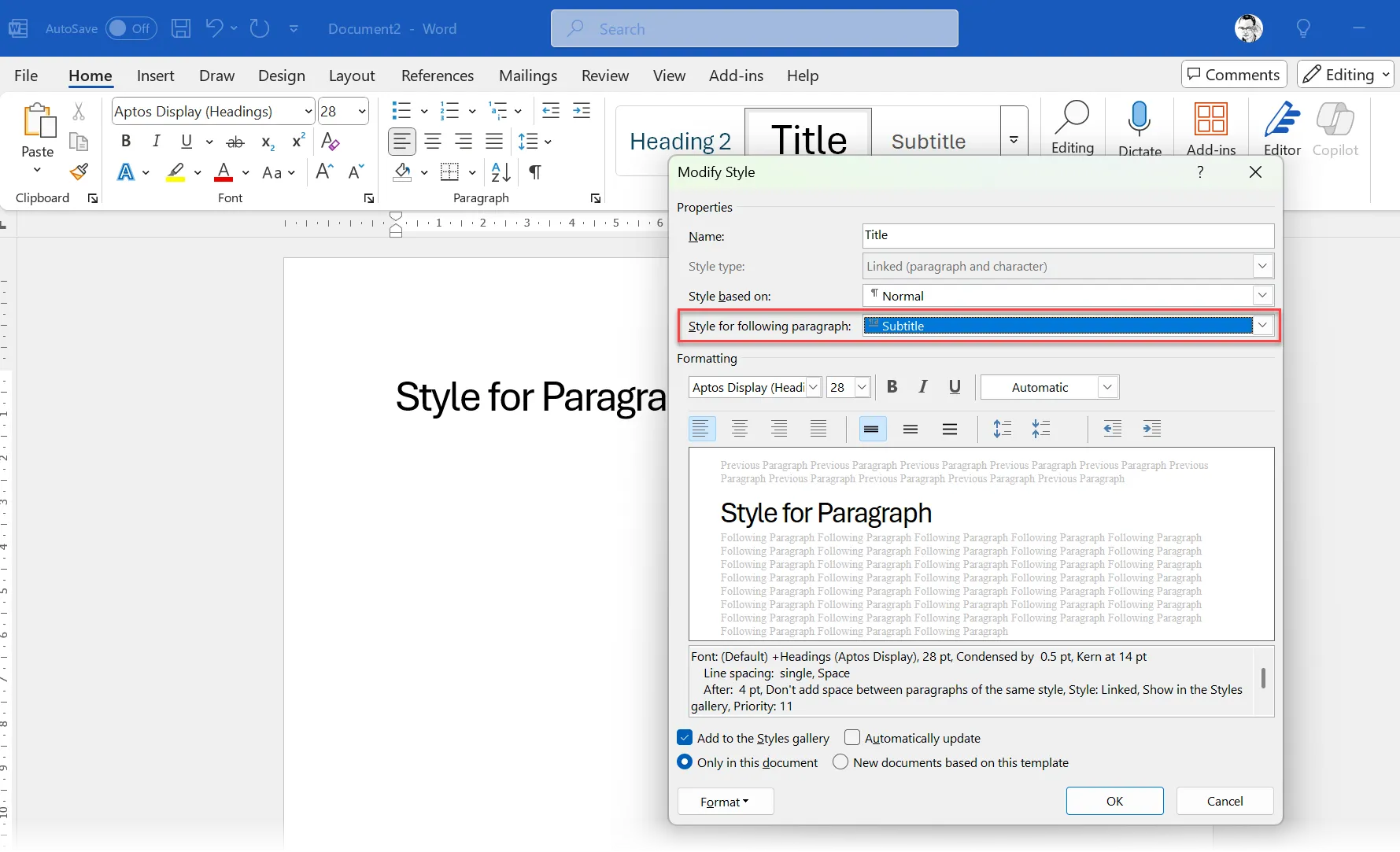 Thiết lập Kiểu cho đoạn tiếp theo trong Microsoft Word