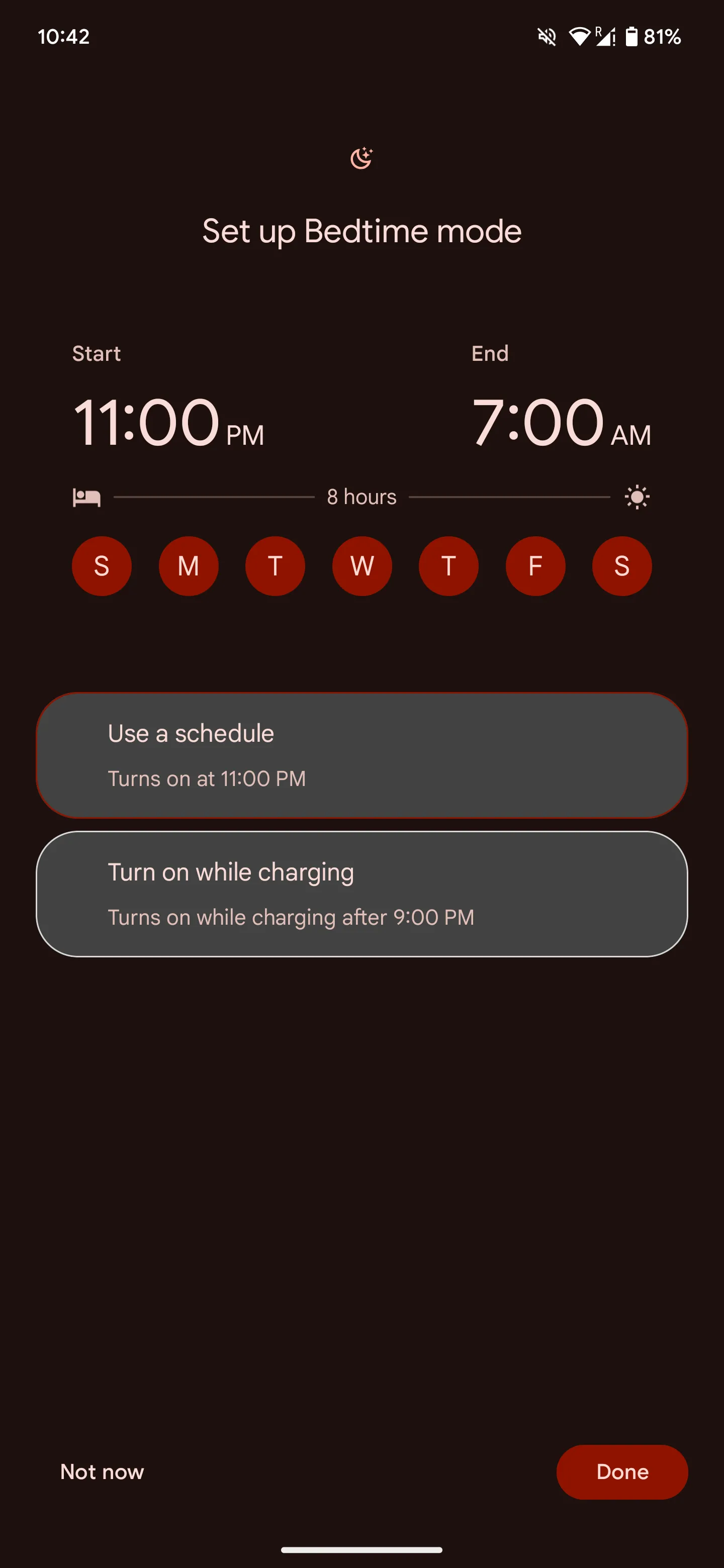 Thiết lập lịch trình và chọn ngày trong tuần cho Chế độ Giờ đi ngủ (Bedtime Mode) trên Android