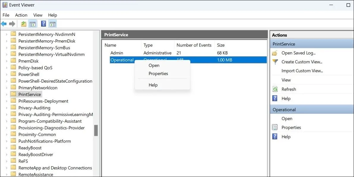 Thiết lập nhật ký PrintService trong Event Viewer để theo dõi lịch sử in Windows