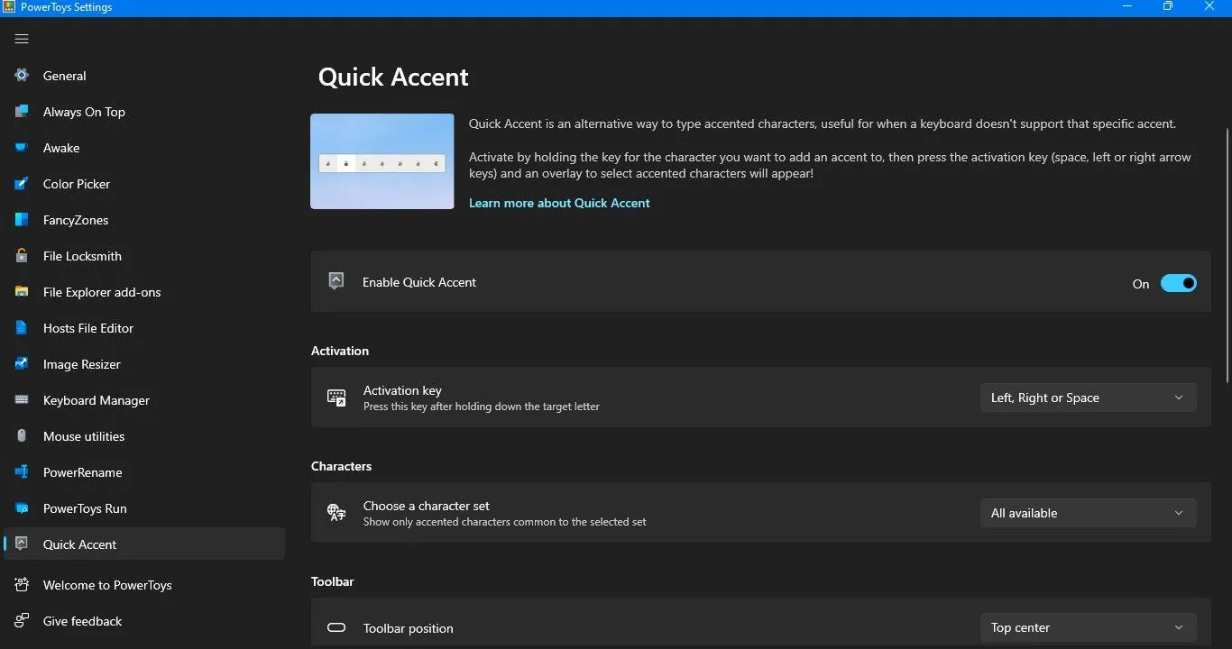 Thiết lập Quick Accent trong PowerToys để dễ dàng gõ các ký tự có dấu và ký tự đặc biệt