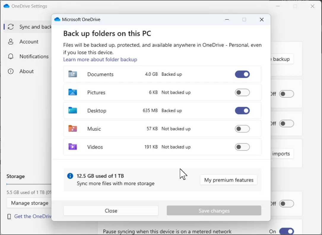 Thiết lập sao lưu thư mục trong Microsoft OneDrive hiển thị tùy chọn tích hợp sâu với Windows File Explorer.