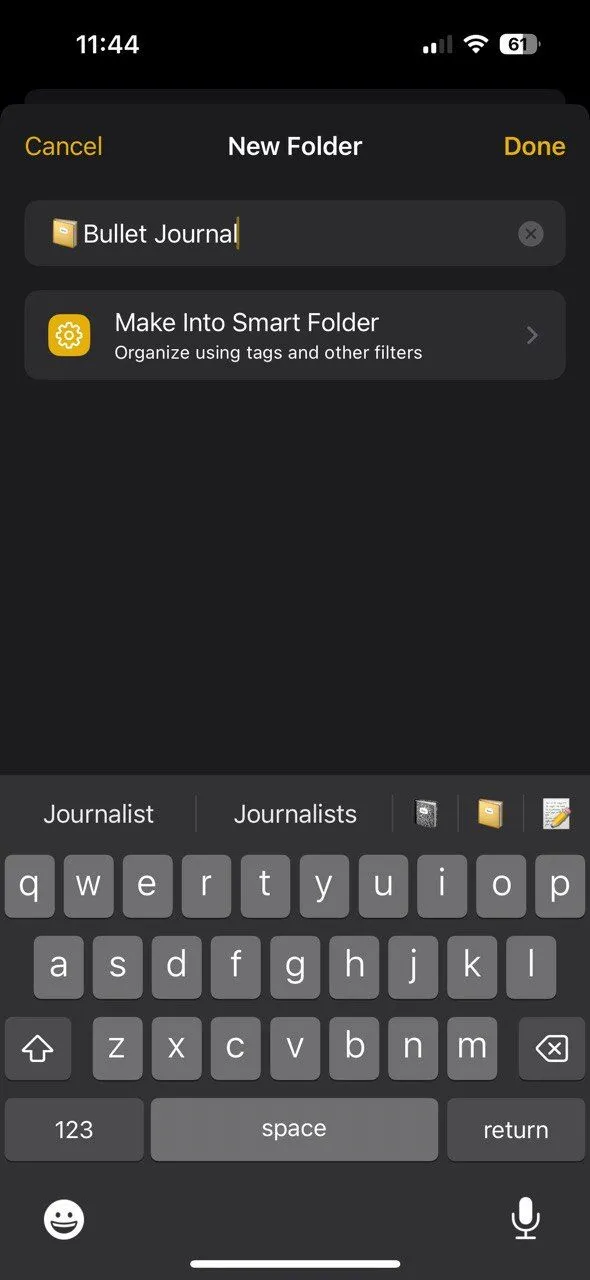 Thiết lập thư mục &quot;Bullet Journal&quot; trong ứng dụng Apple Notes trên iPhone để tổ chức các ghi chú hàng ngày.