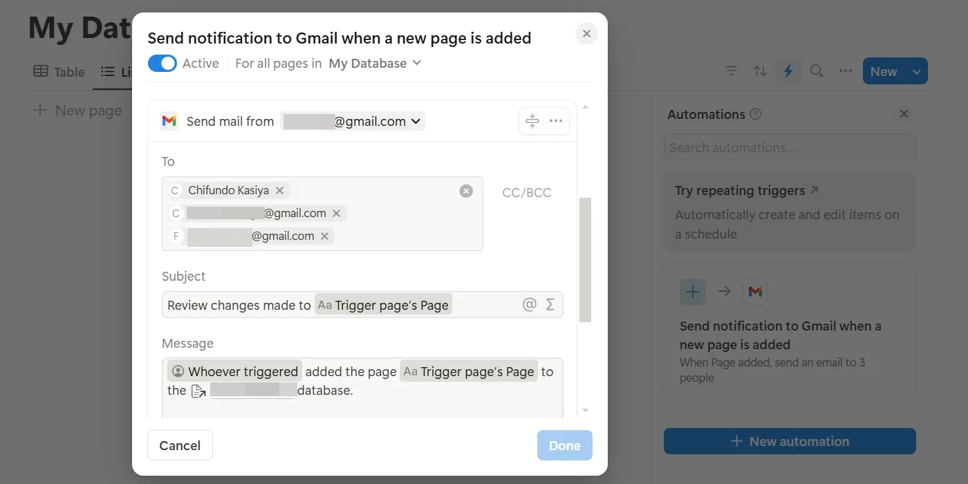 Thiết lập tự động hóa gửi email Gmail từ Notion, thể hiện khả năng tùy biến và tích hợp mạnh mẽ của nền tảng