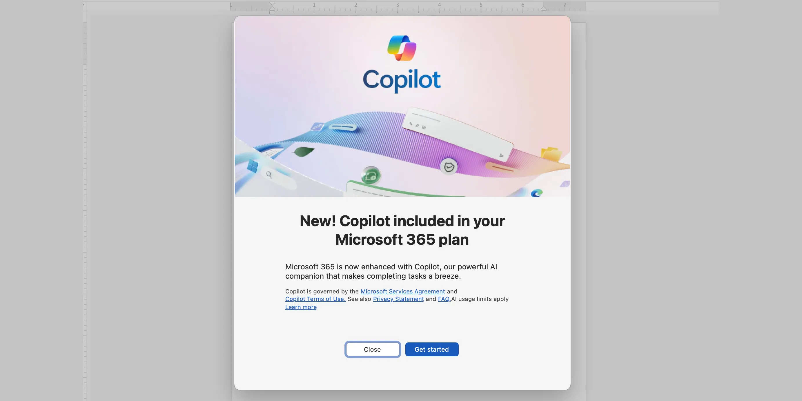 Thông báo cập nhật Copilot trên Microsoft Word hiển thị tính năng AI được tích hợp
