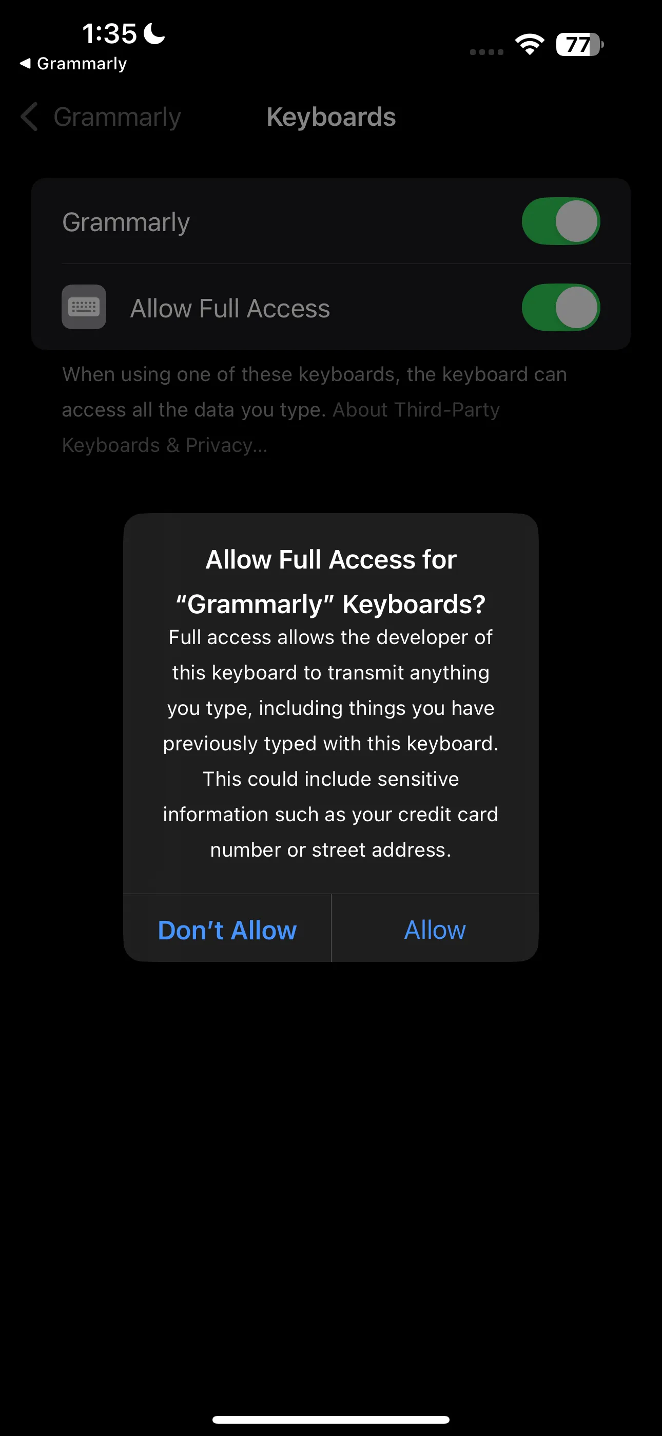 Thông báo cấp quyền truy cập đầy đủ cho bàn phím Grammarly trên iPhone để tối ưu hóa trải nghiệm chỉnh sửa